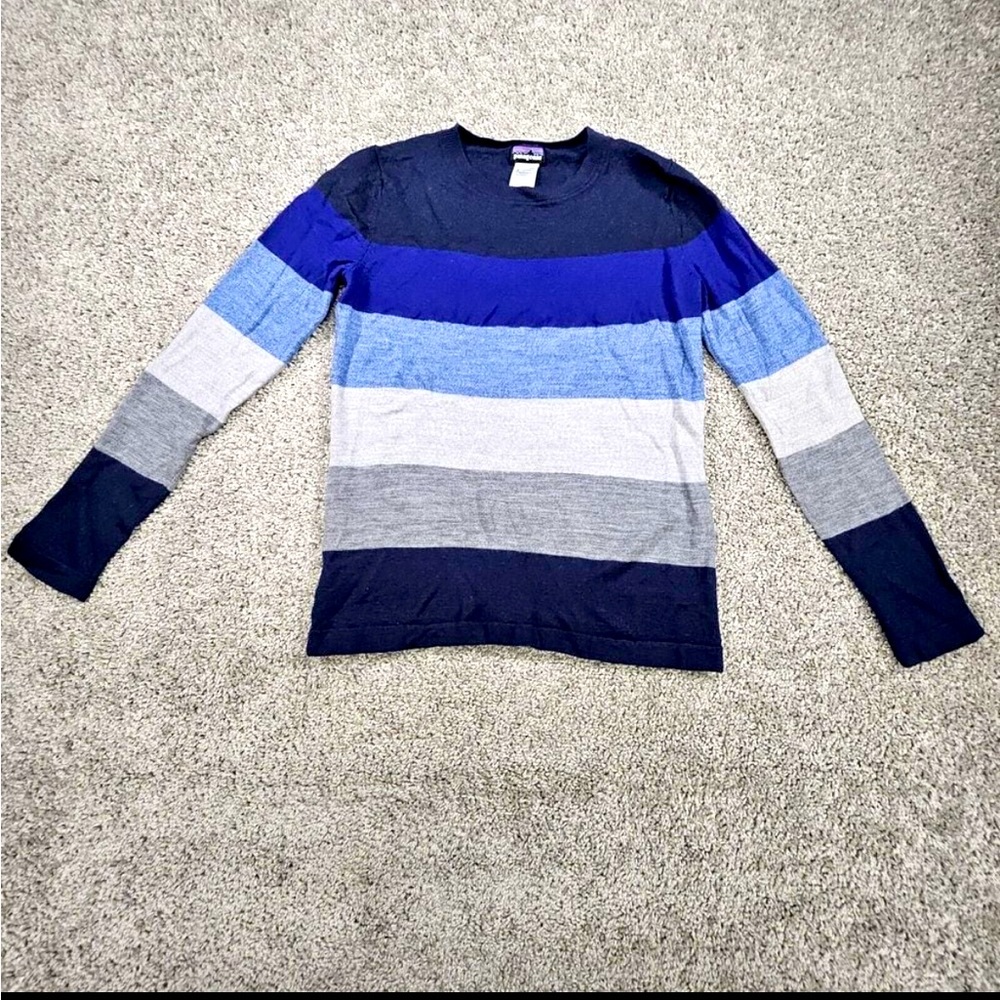 Patagonia Striped Blue Sweater 100% Merino Wool
